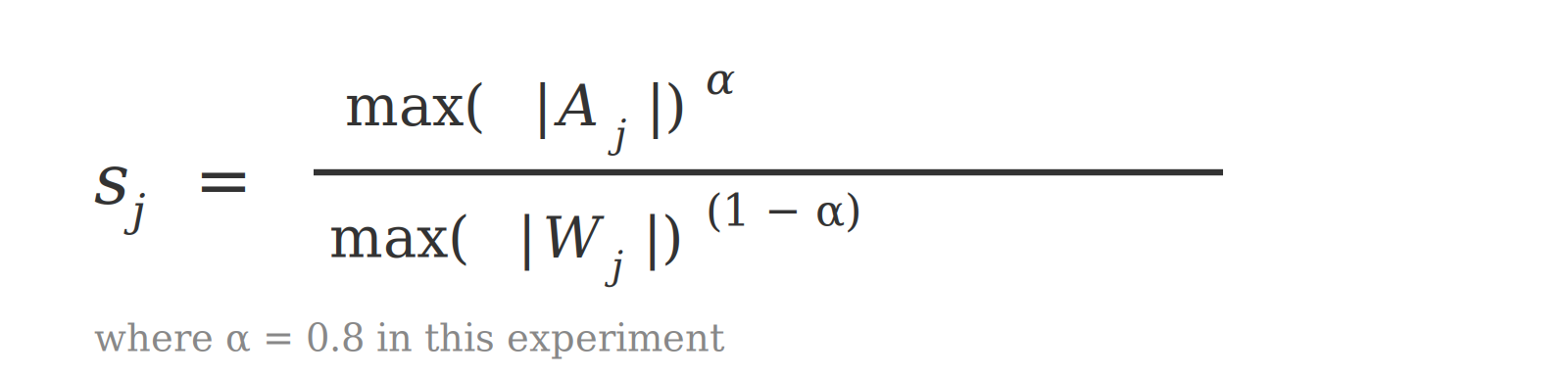 Formula for the SmoothQuant smoothing factor: s_j equals the max absolute activation in channel j raised to alpha, divided by the max absolute weight in channel j raised to (1 minus alpha), with alpha = 0.8 in this experiment